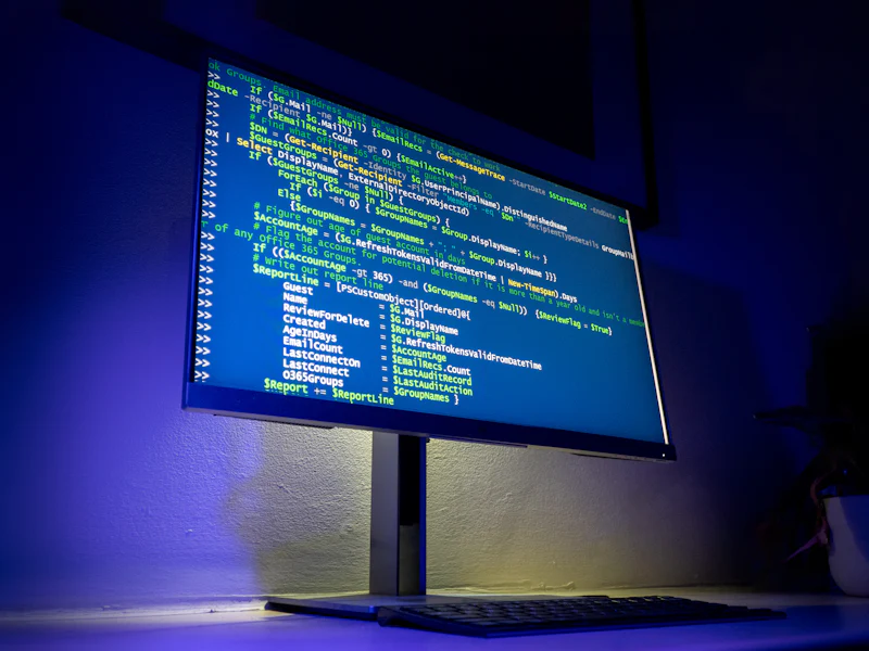 Scherm met programmeercode in een blauw verlichte kamer